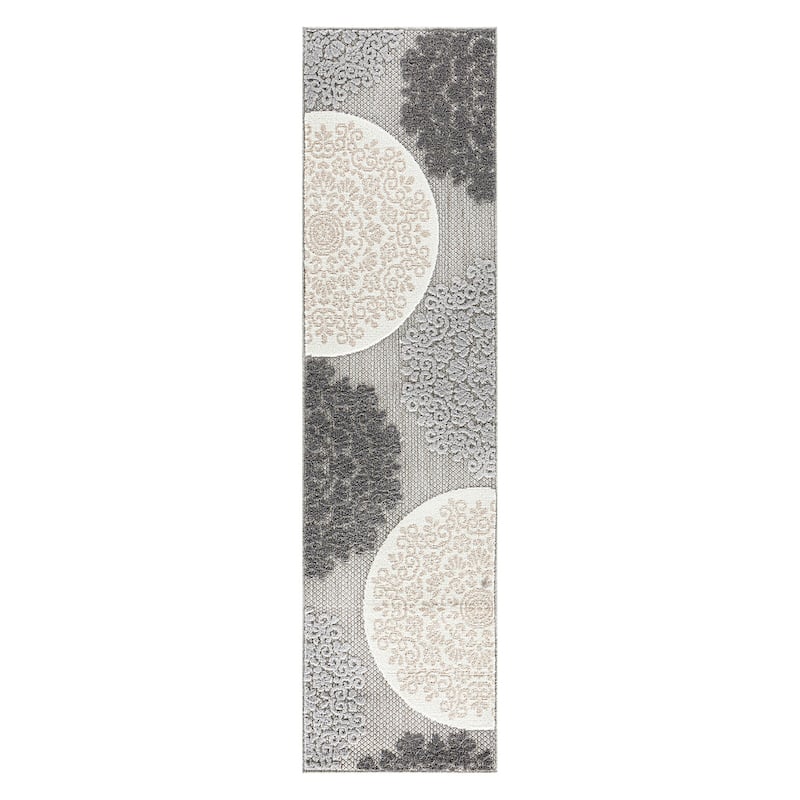 Verona Contemporary Floral Circles Indoor/Outdoor Area Rug - 2'x7' Runner - Gray