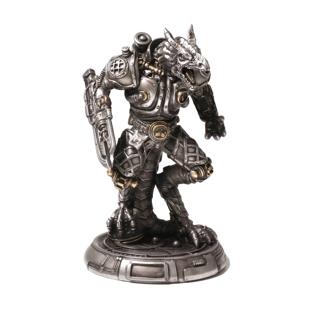 7.28" H STEAMPUNK MECHANOID DRAGON WARRIOR Cold Cast Pewter - 5.12"x4.33"x7.28"