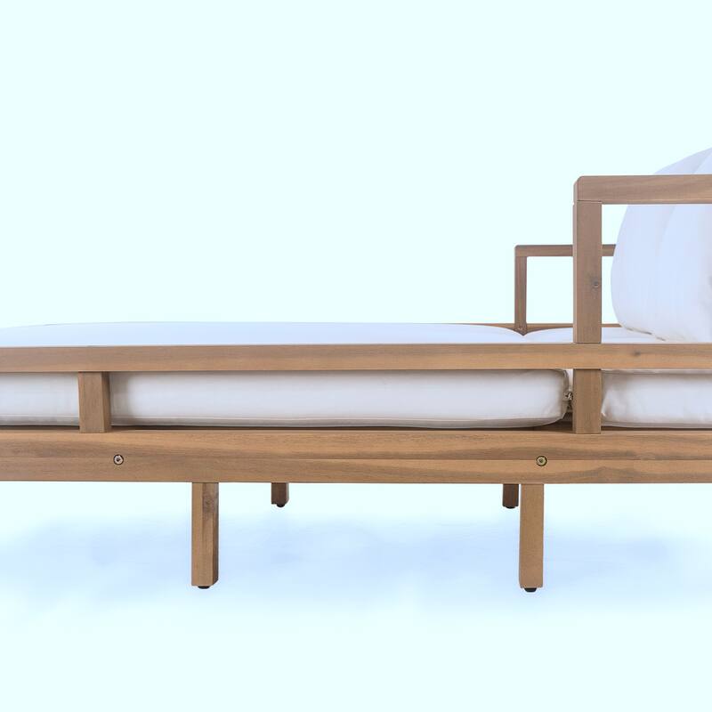 Outdoor Daybed, Patio Daybed with Four Pillows, Wooden Outdoor Bed with Curved Armrests for Poolside, Backyard, Garden