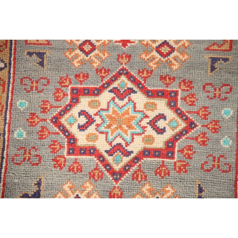 Geometric Grey Kazak Foyer Rug Handmade Traditional Wool Carpet - 2'7" x 3'10"