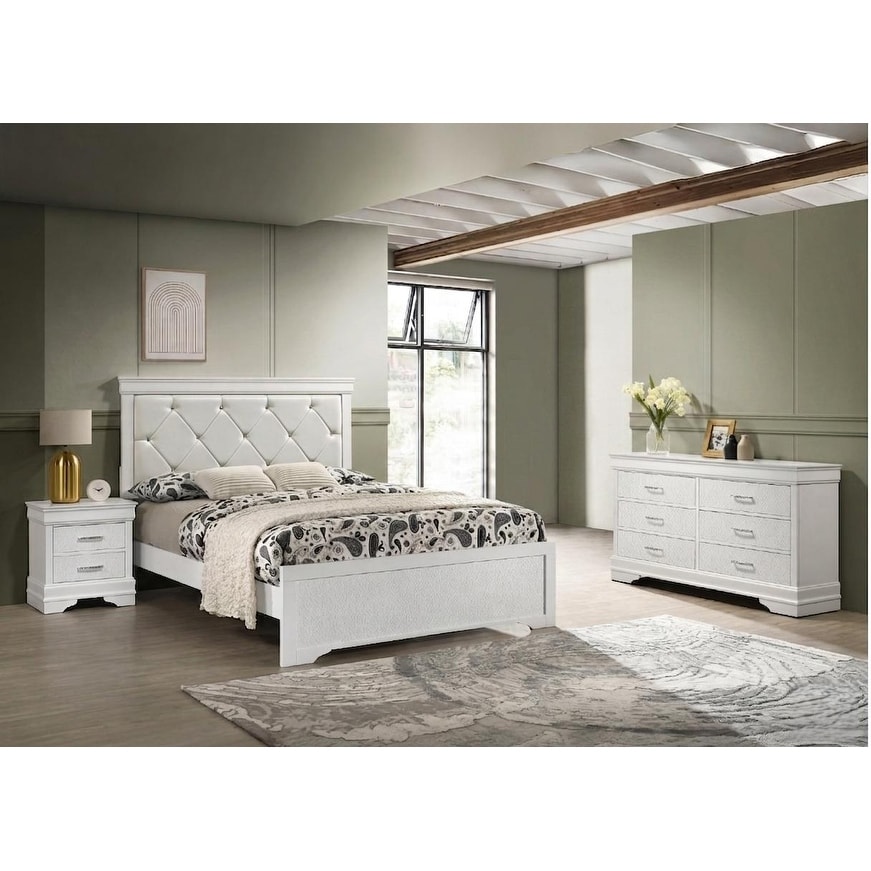White Upholstered Panel Bed Dresser Nightstand Set 3pc Bedroom Wooden Furniture