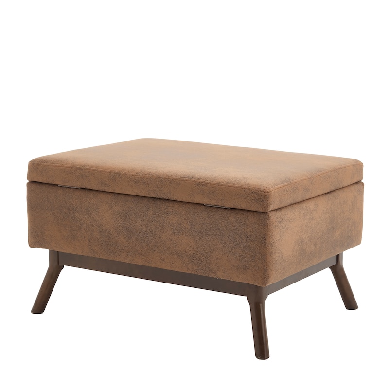 Mid-Century Modern Storage Ottoman, Square Upholstered Coffee Table, Shoe Bench with Hidden Storage & Wood Legs