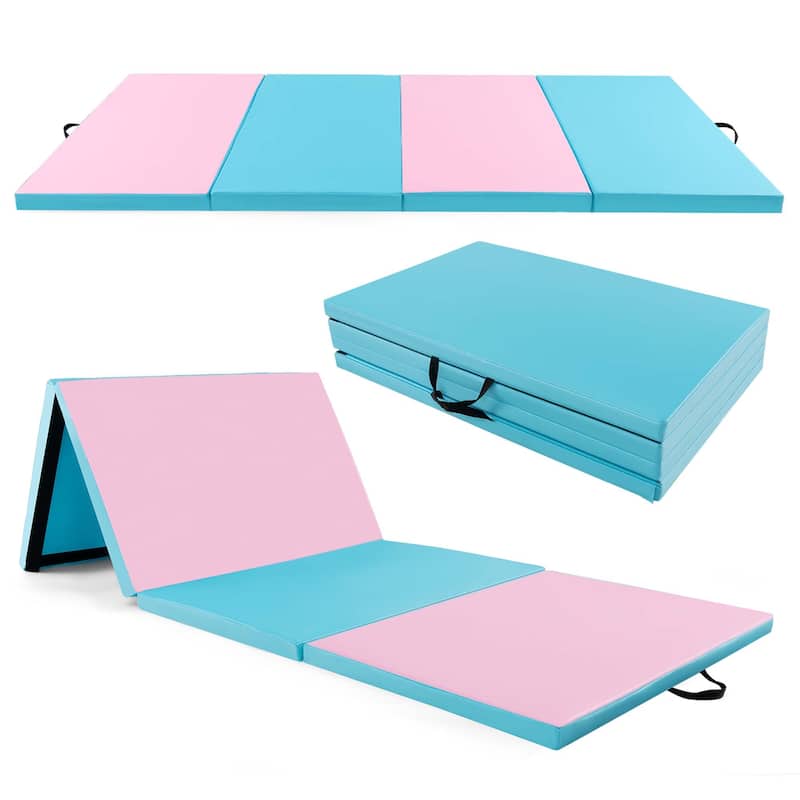 4-Panel Folding Exercise Mat with Carrying Handles for Gym Yoga - Pink&Blue