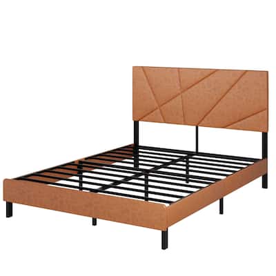 Heavy Duty Metal Bed Frame, Square Leather Upholstered Platform Bed with Under Bed Storage, No Box Spring Needed