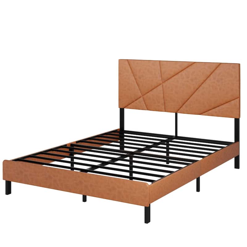 metal bed frame, square platform bed with under-bed storage, no spring-loaded mattress required, vintage brown - Queen