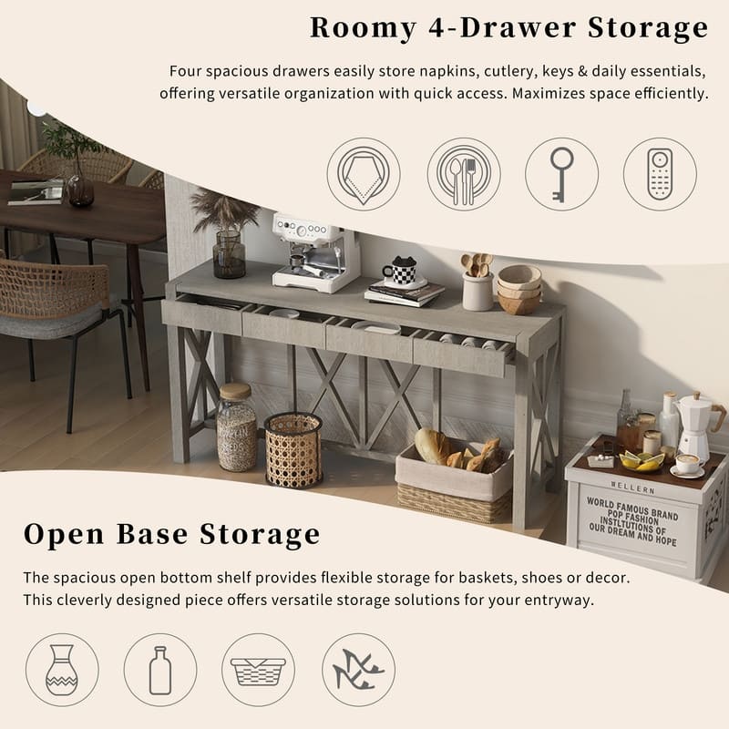 60''Acacia Veneer Console Table with 4 Spacious Drawers, Modern Crisscross Design Entryway Table with Open Bottom Storage