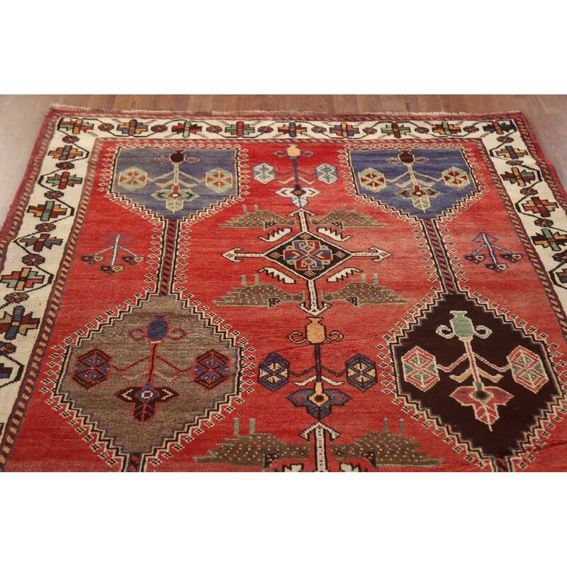 Hand Knotted Oriental 100% Wool Carpet Traditional Tribal Red Shiraz Area Rug - 9' 5'' X 5' 3''