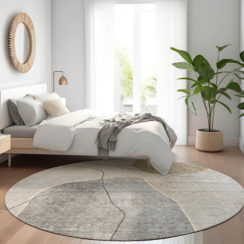 Machine Washable Indoor/ Outdoor Chantille Abstract Contemporary Rug - Beige - 8' x 8'