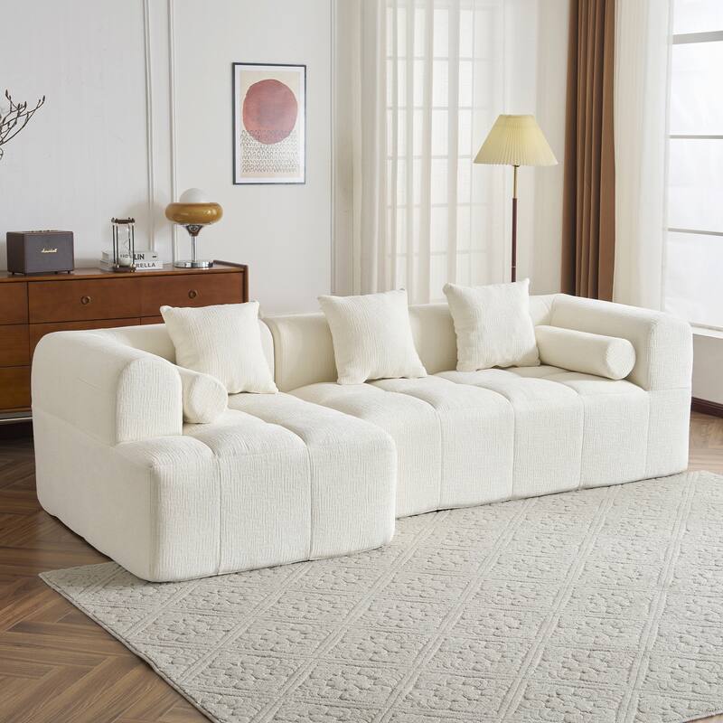 101.2" Modular Sofa, Deep Seating, 2 Pockets, Beige Chenille, 112 lbs