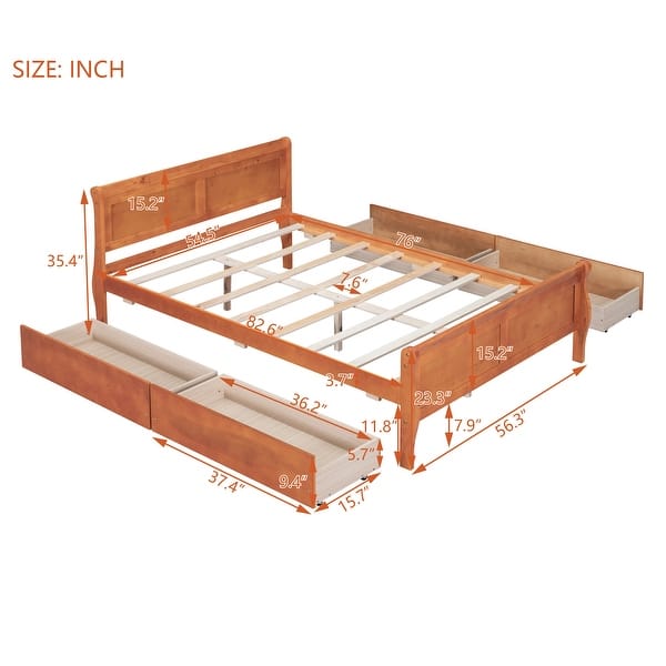 dimension image slide 0 of 4, Full Wood Platform Bed with Drawers - Elegant Design, No Box Spring Needed