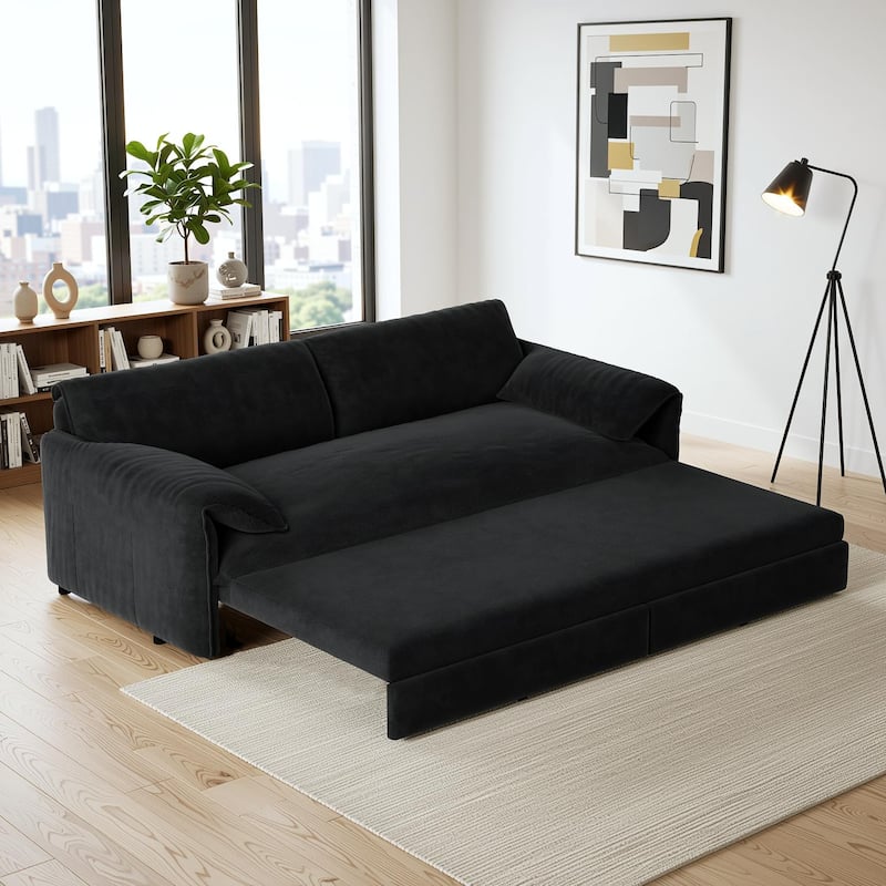 Homy Casa 66" Queen Pull-Out Sofa Bed with Storage, Velvet Loveseat