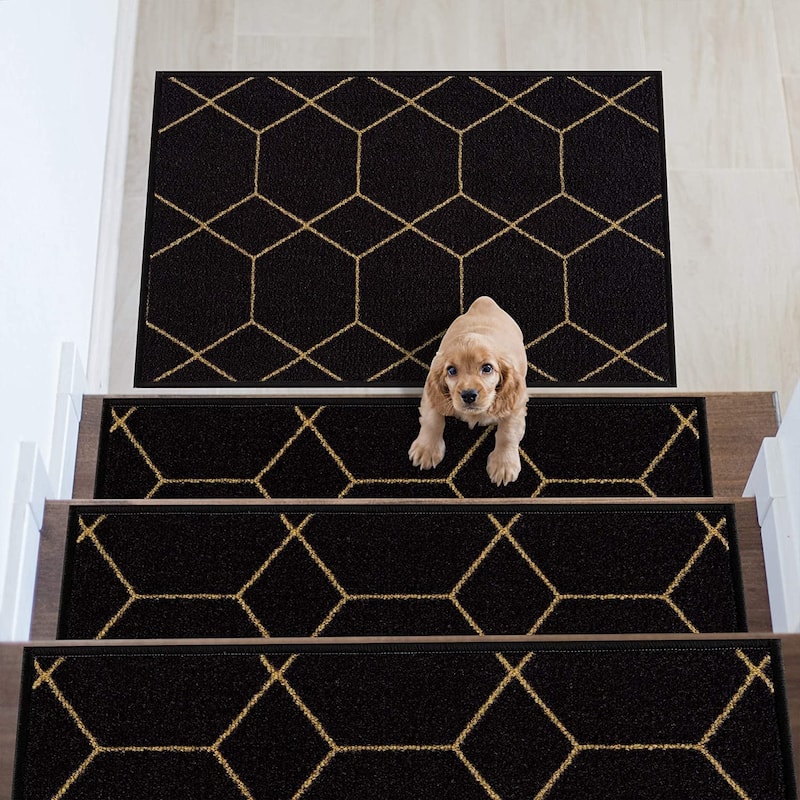 Stair Treads Hexagon Design Washable Non Slip Backing, 8.5''X26'' - Set of 13 - Black Gold