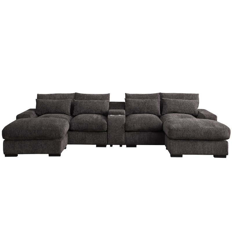 Modern Modular Sectional Sofa with Ottomans and Built-in Console, Cupholders