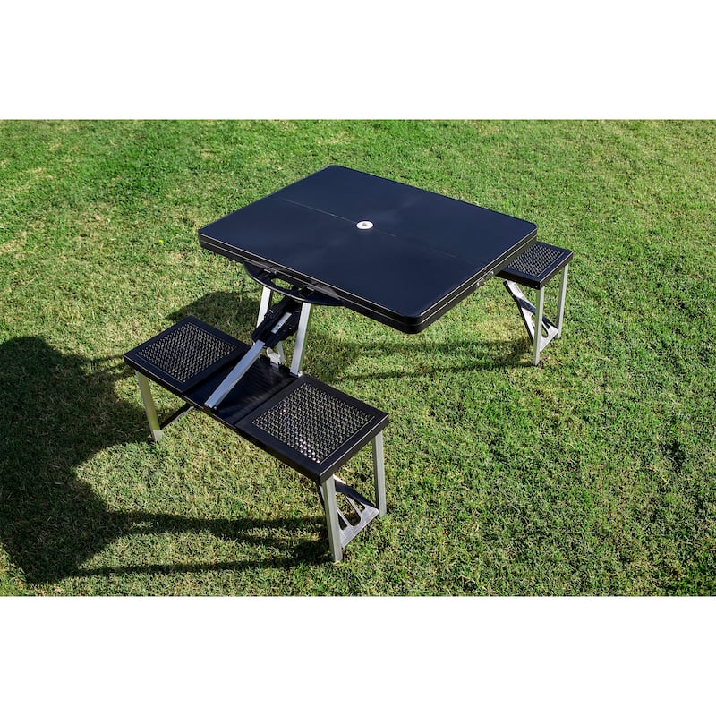 Picnic Time Black Portable Folding Table with Seats - N/A