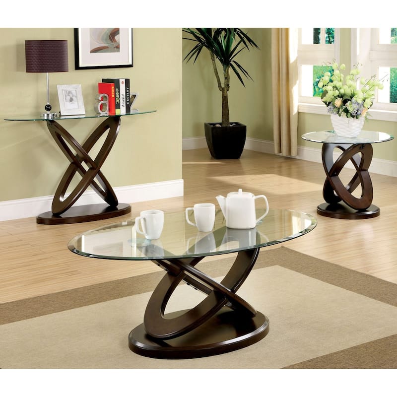 Faza Contemporary Walnut 48-inch Glass Top 3-Piece Accent Table Set by Furniture of America - Dark Walnut