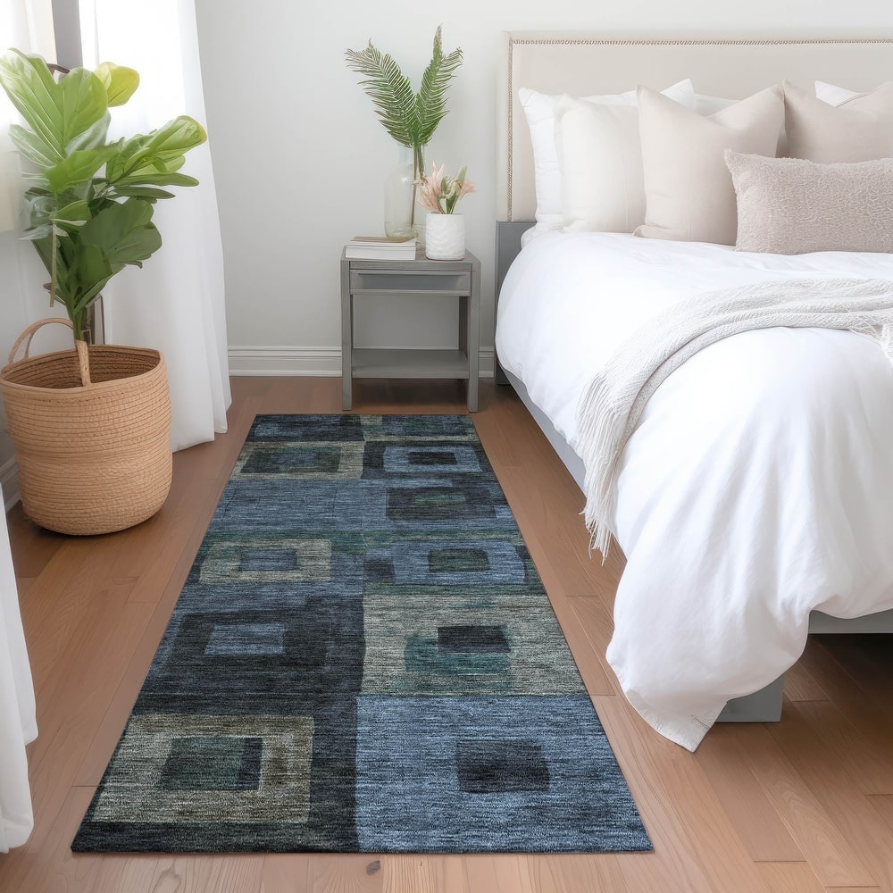 Machine Washable Indoor/ Outdoor Contemporary Blocks Chantille Rug