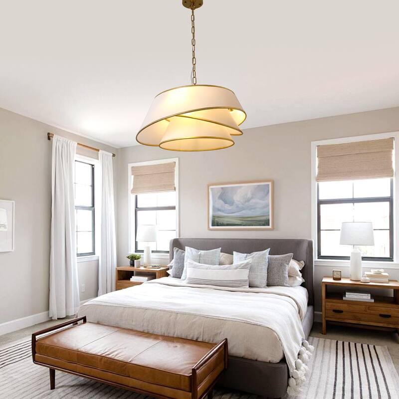 Cusp Barn 24 Inch 4-Light Drum Chandelier, Fabric Linen Shade Ceiling Light Fixture, Gold Tri-layer Kitchen Island Pendant Light
