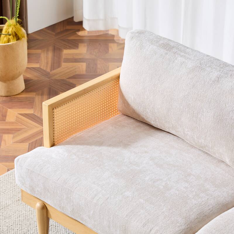 Minimalist Sofa Couch with Rattan Armrests, 3-Seater Sofa Couch Natural Beige Settee Couch with Wood Legs