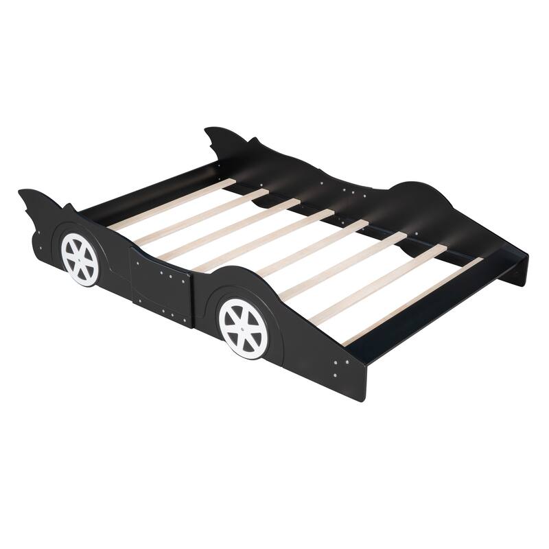 Full Size Race Car Platform Bed with Wheels in Black