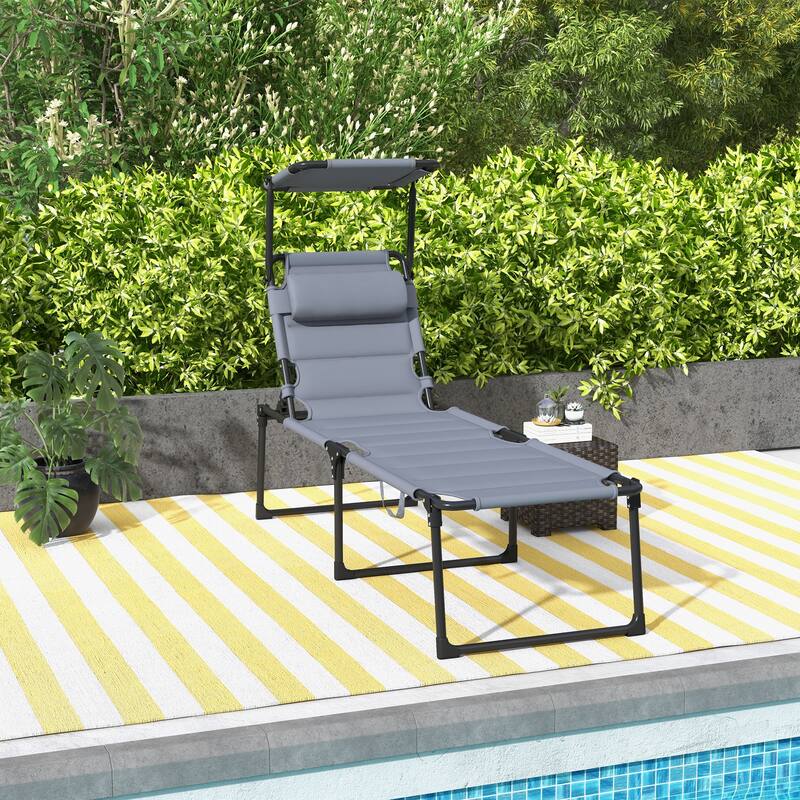 Outdoor Folding Chaise Lounge Chair with Adjustable Canopy, 4-Position Backrest, Padded Seat and Pillow for Beach Patio