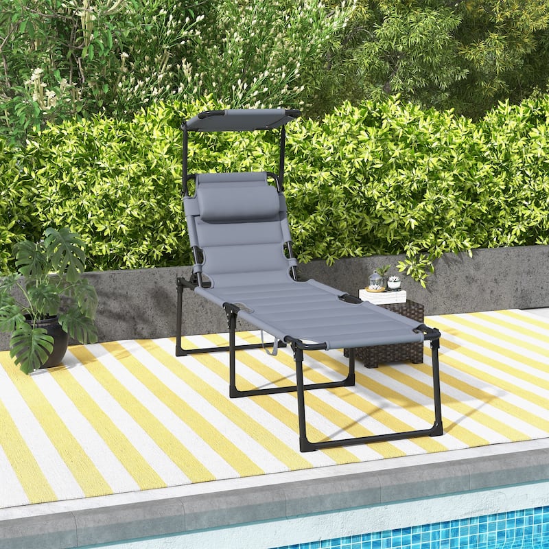 Outdoor Lounge Chair with 4-Level Adjustable, Folding Chaise Lounge Tanning Chair with Sunshade Roof & Pillow Headrest