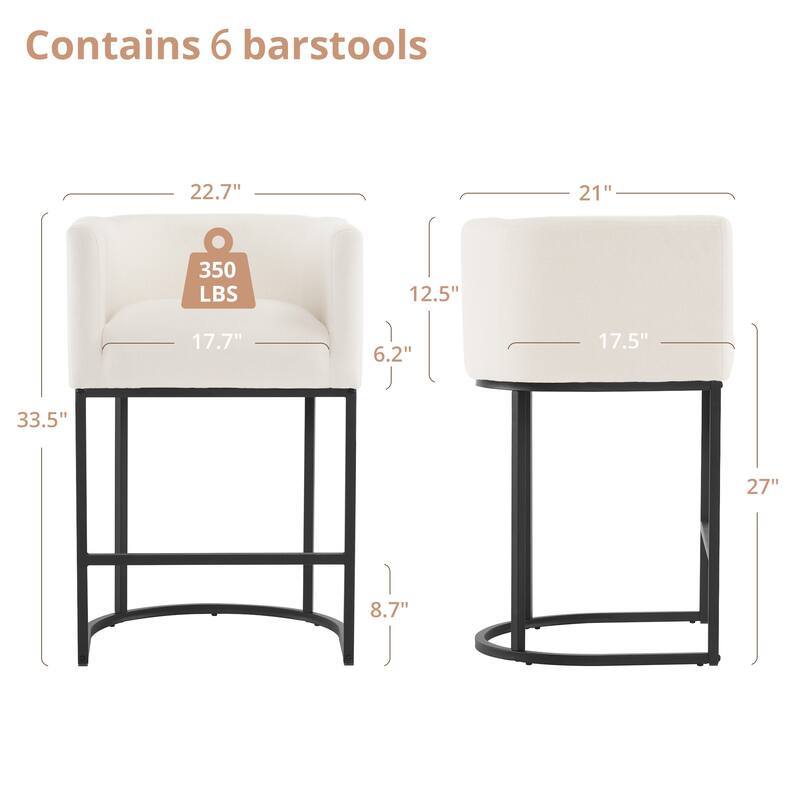 26 in. Counter Height Low Back Bar Stool with Metal Frame Modern Barrel Fabric Bar Stool for Kitchen Island