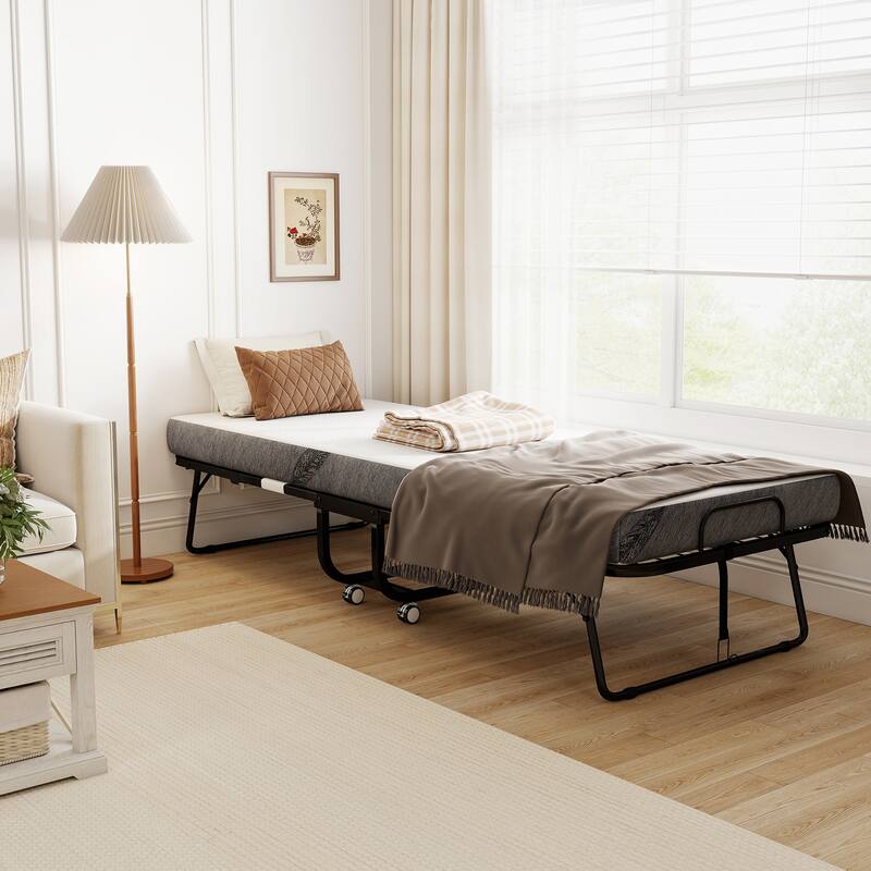 Folding Guest Bed with Padded Mattress and Metal Frame, Space-Saving Portable Bed with Wheels