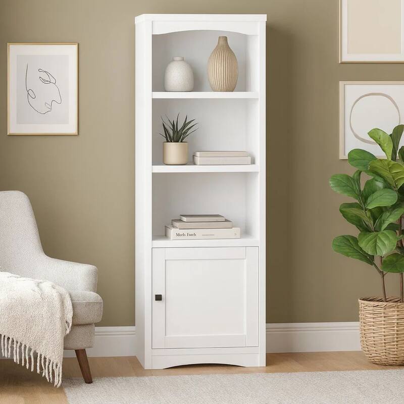 Donna Media Tower Pier Cabinet, Adjustable Shelves, White Wood 71 Inch