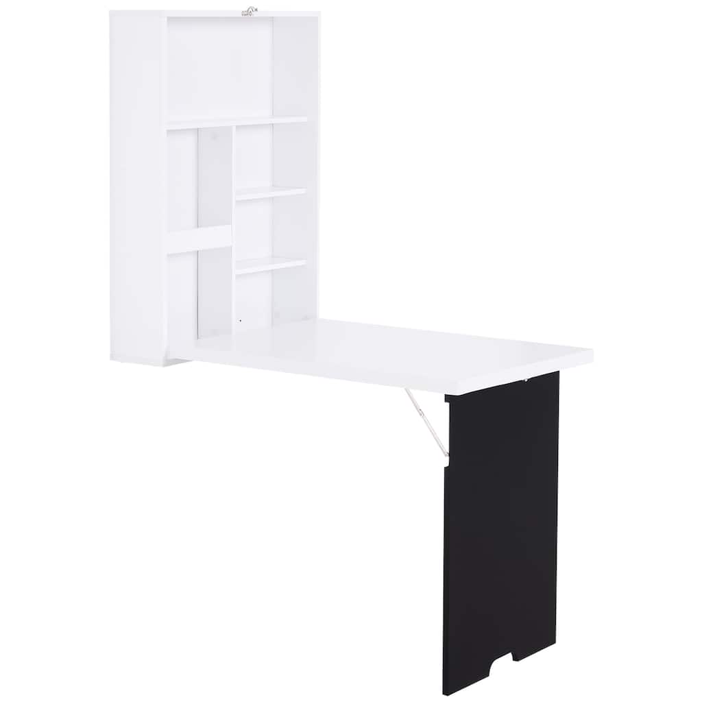 Wall Mounted Foldable Desk with a Blackboard, Fold Out Convertible Floating Desk with Shelves, White