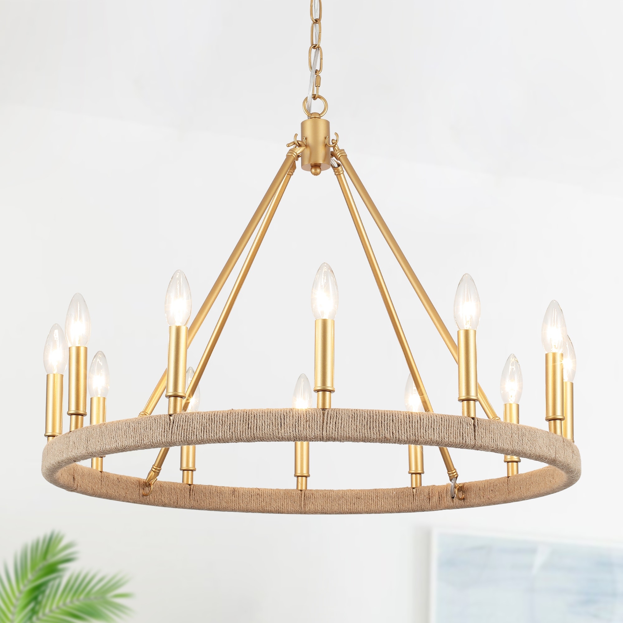Zjvaive 12/16-Light Farmhouse Hemp Rope Wagon Wheel Chandelier for Dining Room Living Room