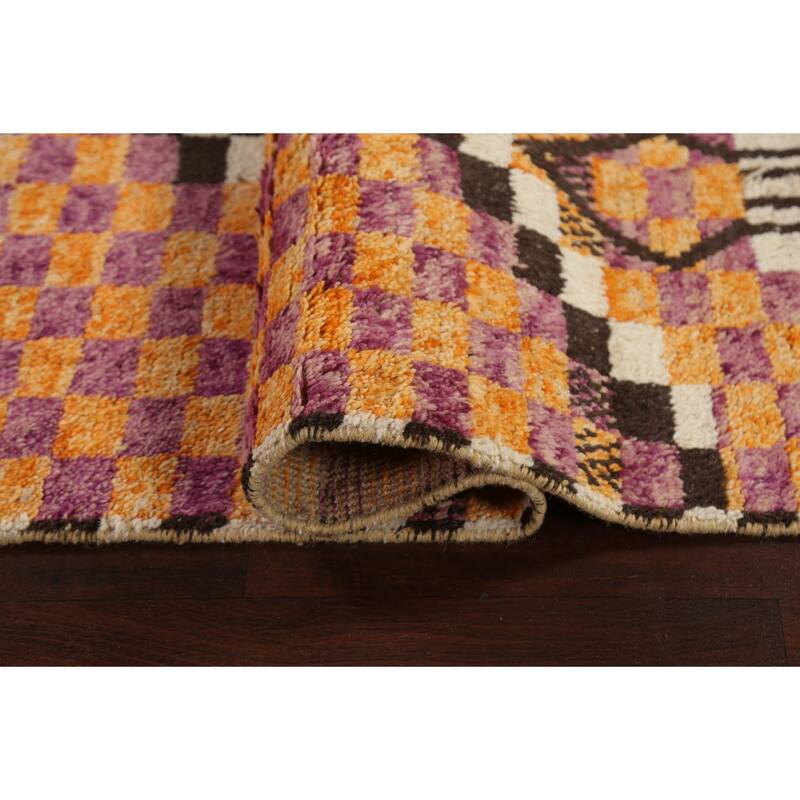 Checkered Modern Moroccan Oriental Runner Rug Hand-knotted Wool Carpet - 2'11" x 12'11"