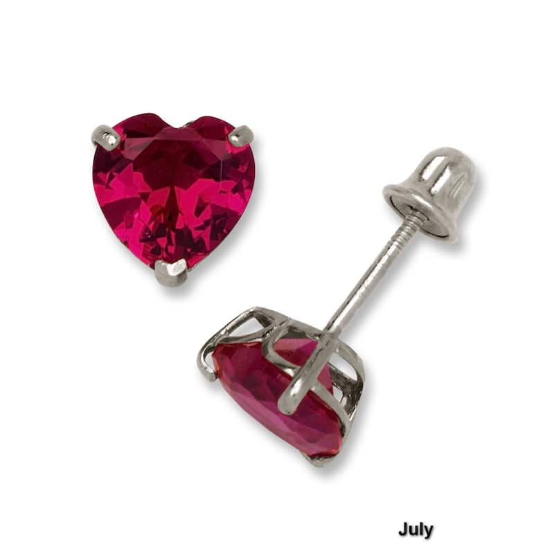 14K White Gold 6mm Heart-shaped Cubic Zircornia Birthstone Basket-Set Solitaire Screw-back Stud Earrings (12 colors)
