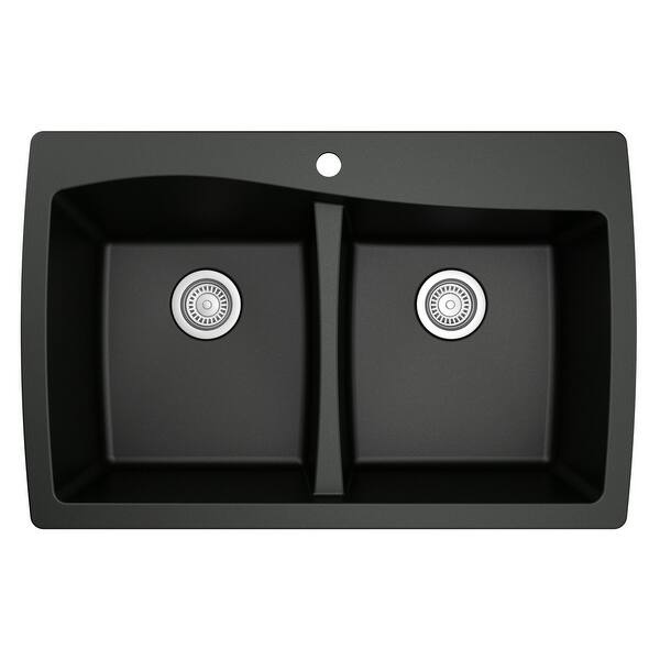 slide 47 of 52, Karran Drop-In Quartz 50/50 Double Bowl Kitchen Sink Black