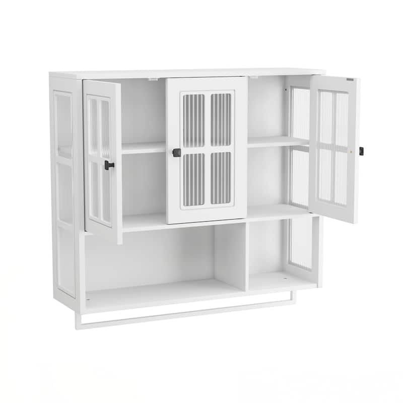 Bathroom Wall Cabinet, 3-Door Wooden Wall Cabinet with Open and Hidden Storage Space, Medicine Cabinet with Glass Door