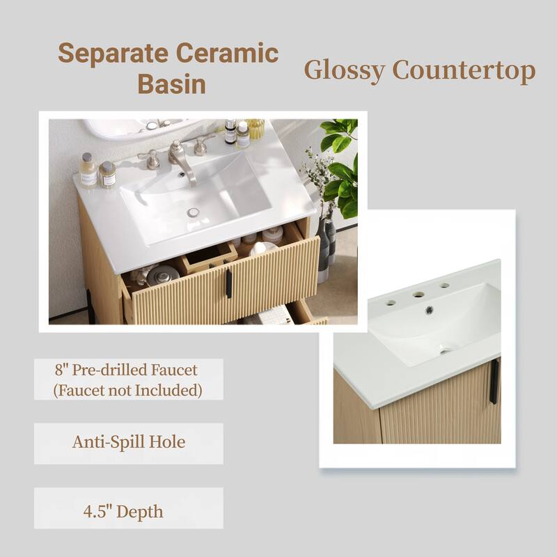 30" Bathroom Vanity with Ceramic Sink, Full-Extension Drawers, Soft-Close Undermount Slides and Fluted Design