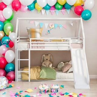 Modern White Twin Over Twin House Bunk Bed With Convertible Ladder and Slide