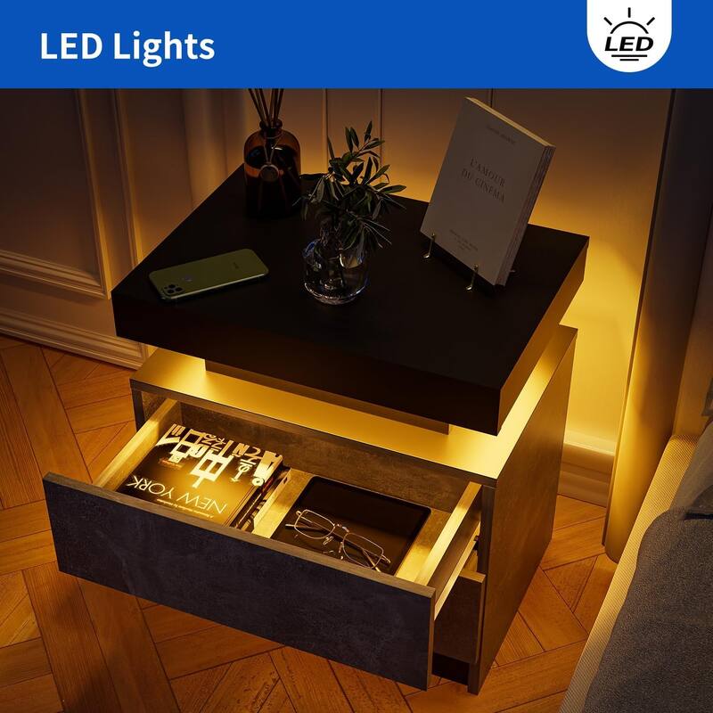 LED Nightstand with 2 Drawers for Bedroom