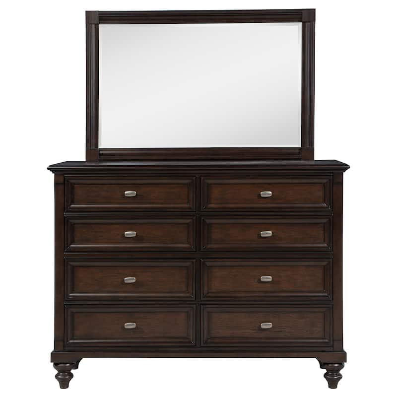 Meon Wide Dresser with Mirror, 8 Drawers, Classic Dark Oak Brown Wood