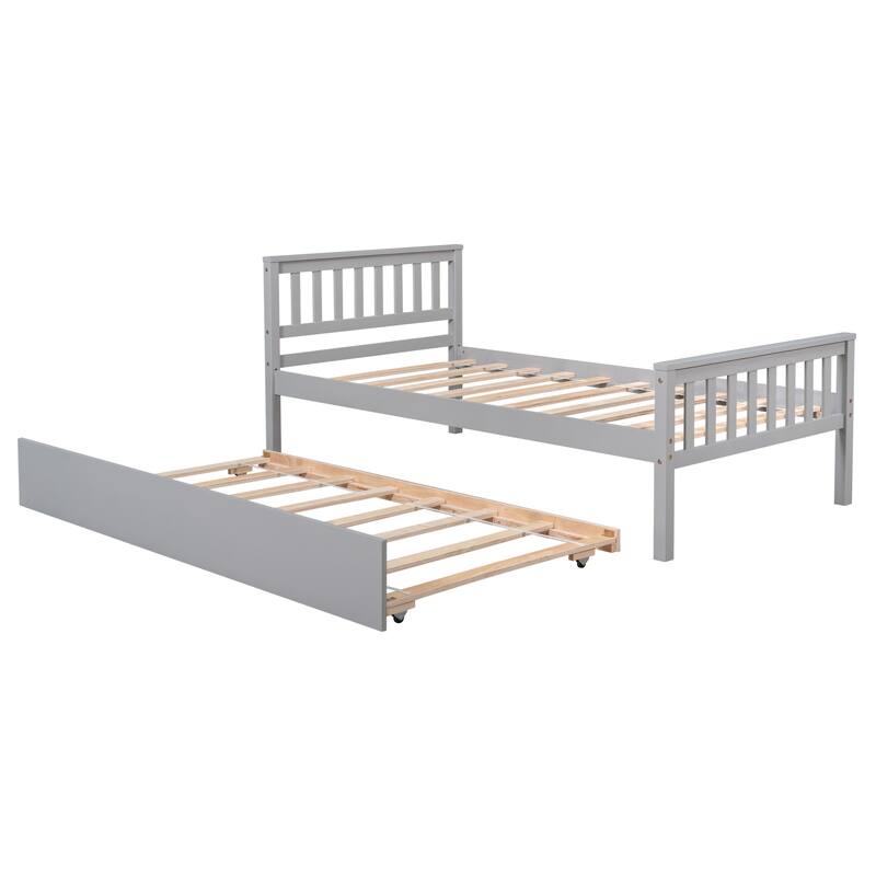 Space-Saving Twin Bed with Trundle, Platform Frame, Headboard, and Footboard, Grey