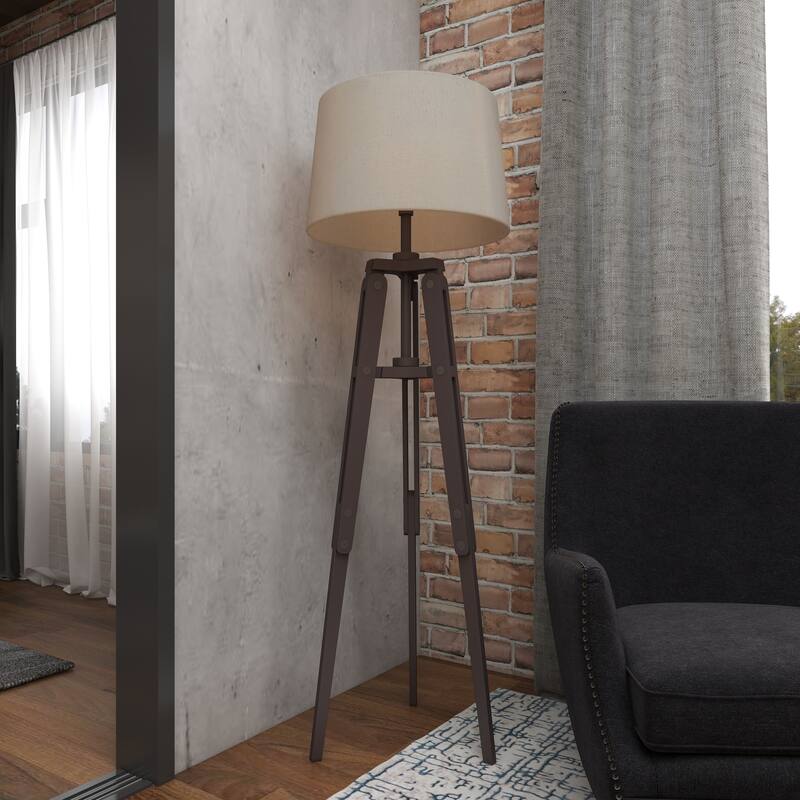 Black Wood Tripod Room Floor Lamp with Cream Linen Shade