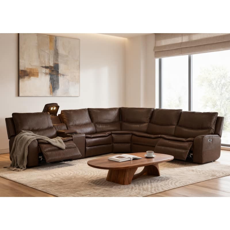 6PCS, 2 Power Recliners, Faux Leather Sectional with Adjustable Headrests, Dodble Width Seat, Wireless Charging and Reading Lamp