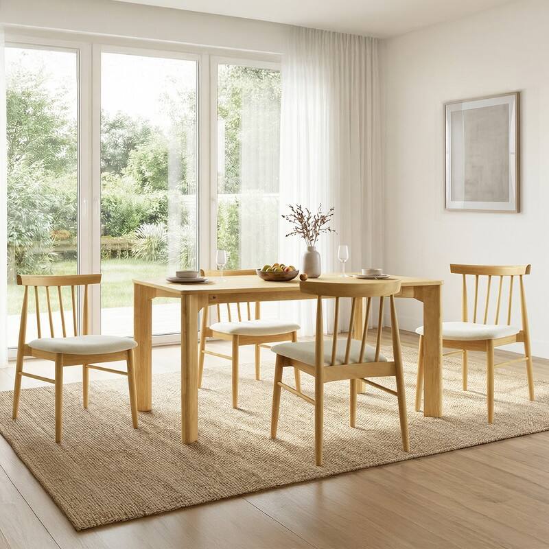 Spruce & Spring Windsor Spindle Back Upholstered Dining Chair with Solid Wood Frame - Set of 4 - Beige