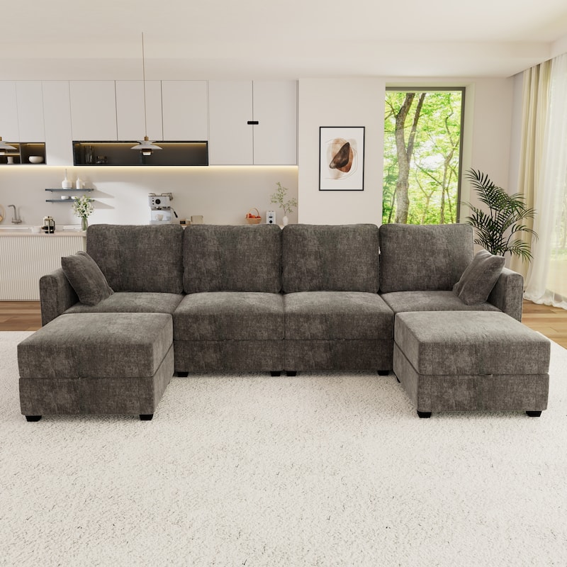 U-Shaped 4-Seater Sectional Sofa with 2 Storage Ottomans - Grey