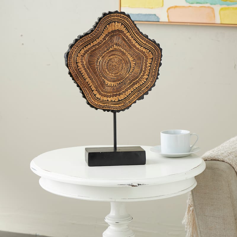 Resin Tribal Abstract Carved Sculpture with Black Stand and Wavy Edge - Brown - Roche River Decor - 3"W x 11"L x 17"H