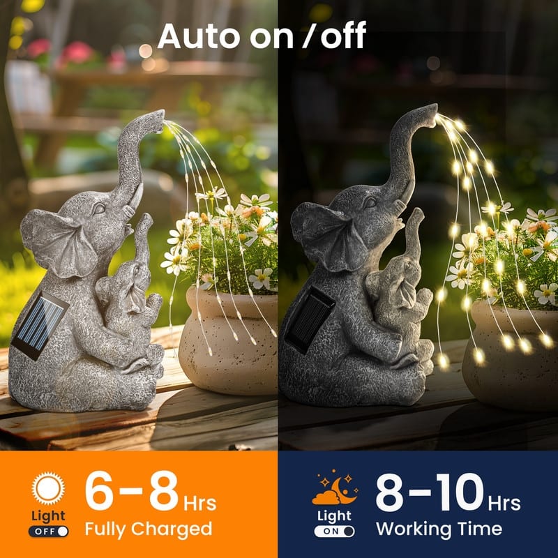 Solar-Powered Mother & Child Elephant Statue, Outdoor Garden Decor with Warm Lights - 5 in. x 5 in. x 10 in.