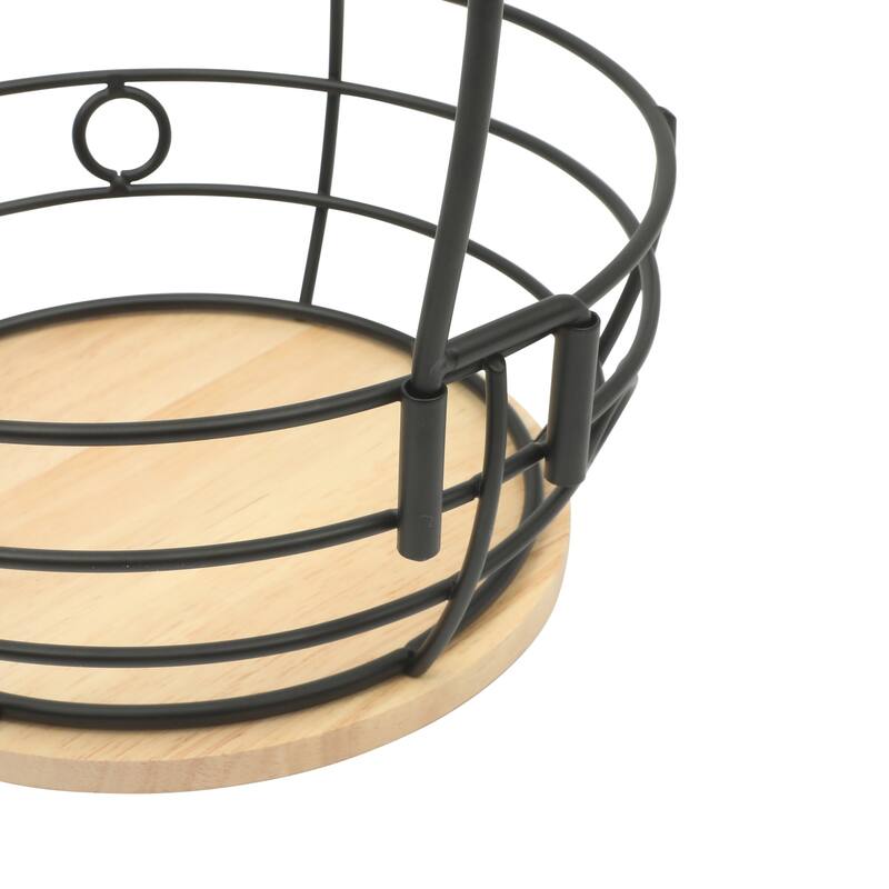 Gibson Home Fruit Basket Bowl with Banana Hanger - Black Metal Wire & Rubberwood Base - Countertop Produce Stand for Fruits