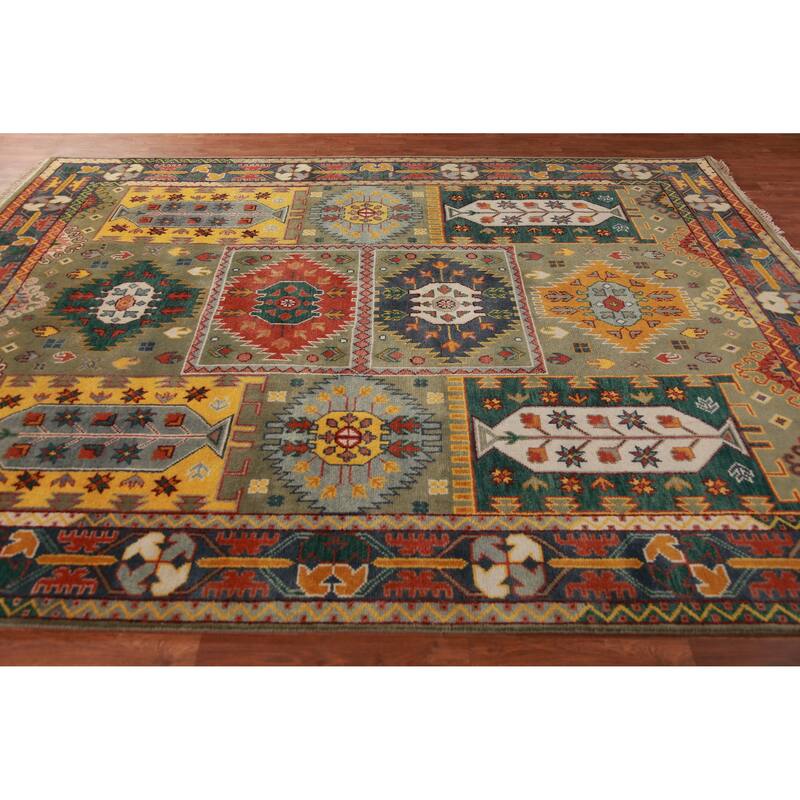 Green Geometric Kazak Oriental Area Rug Hand-Knotted Wool Carpet - 8'0" x 10'2"