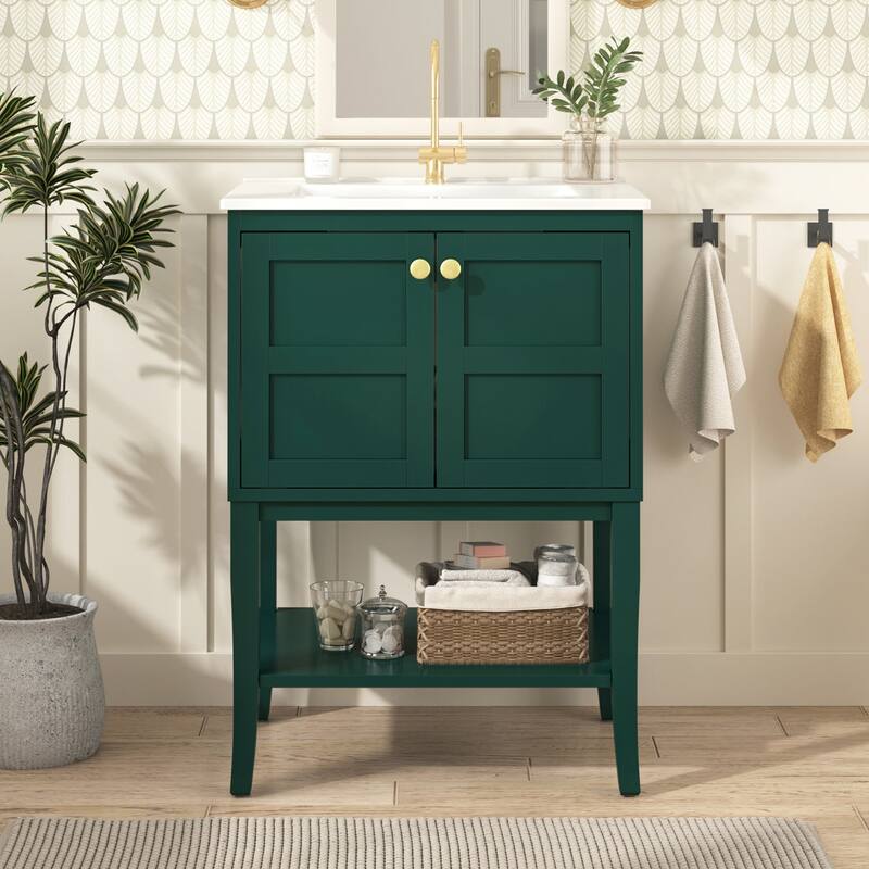 24 inch MDF Freestanding Bathroom Vanity Set in Green with Integrated Resin Sink
