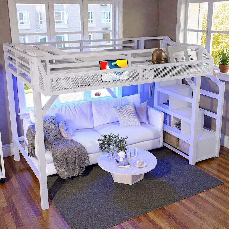 Metal Loft Bed with Storage Stairs, Wardrobe and Shelves, USB Ports and LED Lights, Noise Reduced Frame