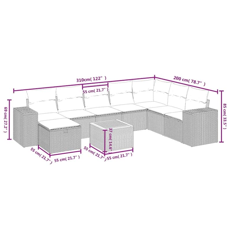 vidaXL Patio Sofa Set with Cushions Outdoor Furniture 9 Piece Poly Rattan